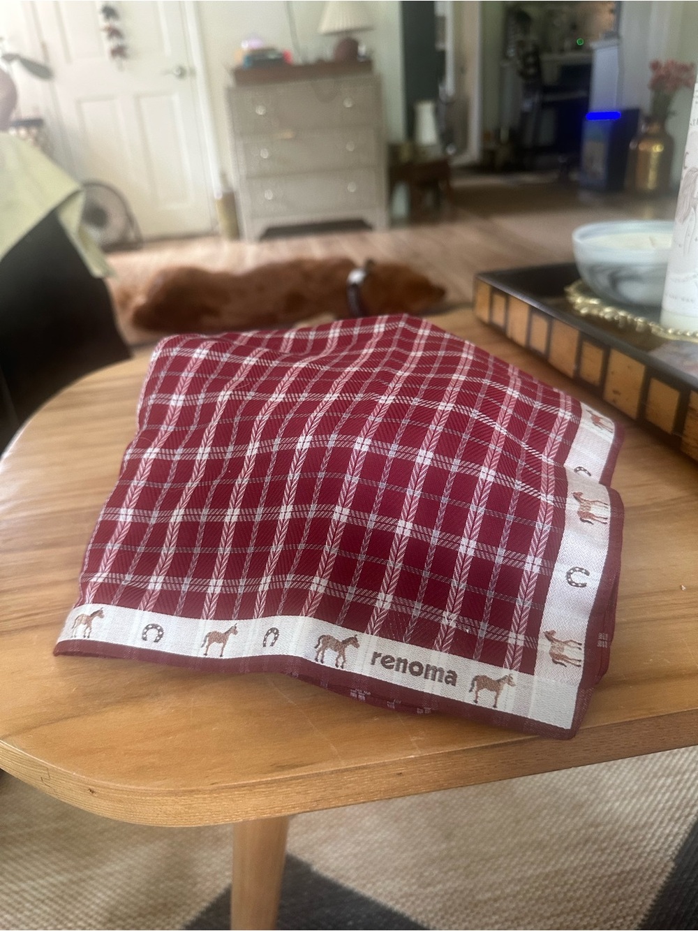 Renoma Burgundy Plaid 18x18 Square scarf with Equestrian Border horse horseshoe